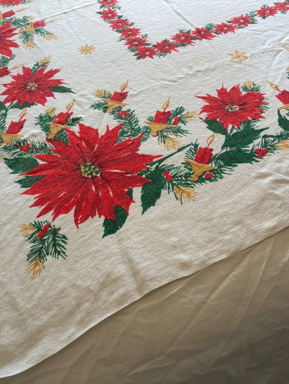 Vintage Christmas Tablecloth with Poinsettia and Candle Design - Picture 3 of 4